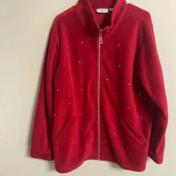 Quacker Factory Fleece Jacket Size XL Red Rhinestones Full Zip Bling - Picture 1 of 8